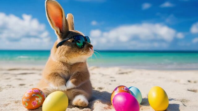 A cute rabbit sits on the sandy beach, donning sunglasses and surrounded by vibrant Easter eggs while enjoying the sunny day by the ocean