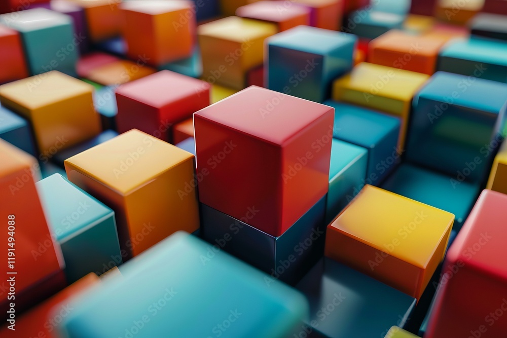 Poster red cube stands out among other colorful cubes, creating a visually appealing contrast and a sense o