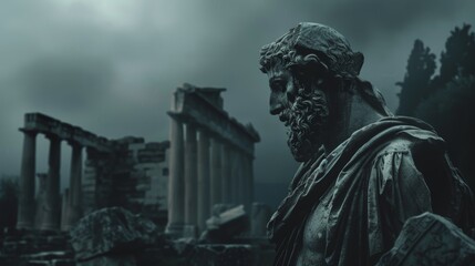 Epictetus statue amidst ancient ruins  a symbol of timeless stoic philosophy and endurance