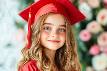 Portrait of smiling graduate girl wearing red graduation cap and gown