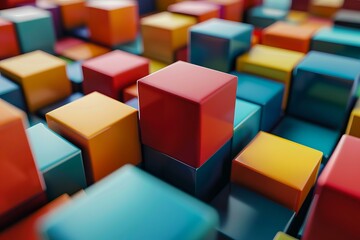 Fototapeta premium Red cube stands out among other colorful cubes, creating a visually appealing contrast and a sense of individuality