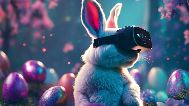 A fluffy rabbit experiences a virtual world, wearing vr goggles while sitting among shiny Easter eggs in a bright and colorful environment