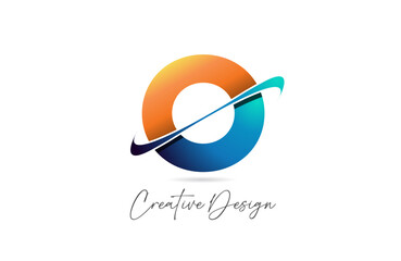O cut swoosh letter alphabet logo icon design in blue and orange gradient for business or company