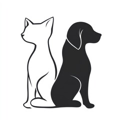 White cat, black dog sit together, back to back, plain background. Use veterinary clinic image