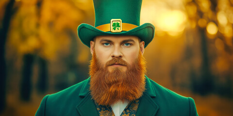 Redhead irish man wearing green leprechaun costume and hat celebrating saint patrick's day