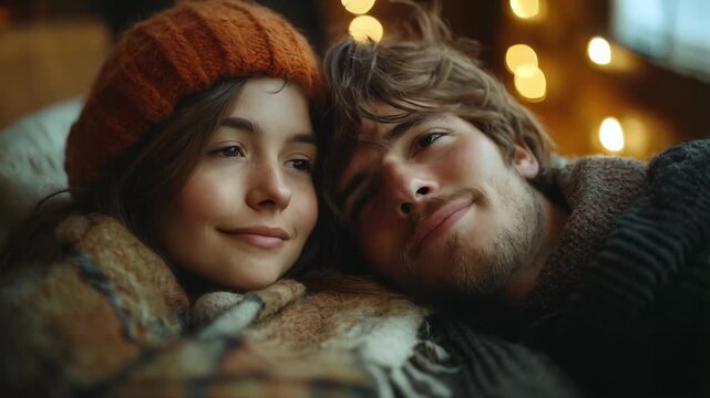 Young couple in warm clothes sharing tender moment in cozy room with warm bokeh, man resting head on woman shoulder while being sick, supporting each other with smiles. Care and mutual support