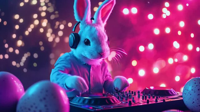Colorful Easter party with a DJ rabbit spinning tracks with vibrant lights and decorated eggs, creating a fun holiday atmosphere