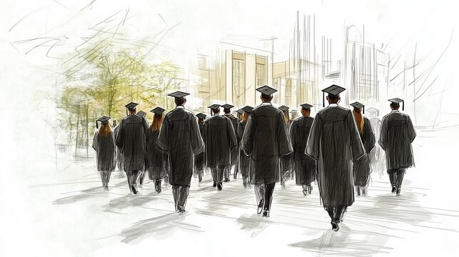 Artistic depiction of a graduation ceremony with students walking in caps and gowns, set against a detailed architectural backdrop.