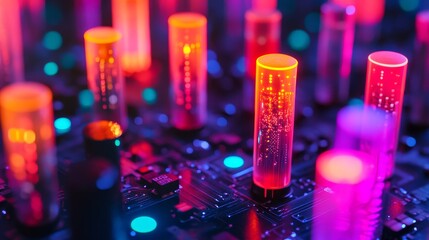 Neon circuit board pattern on dark background