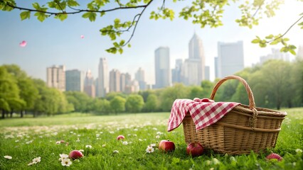 Basket with a red checkered cloth and apples in a green park with a city skyline in the background. A peaceful picnic scene blending urban and natural elements under a sunny sky.
