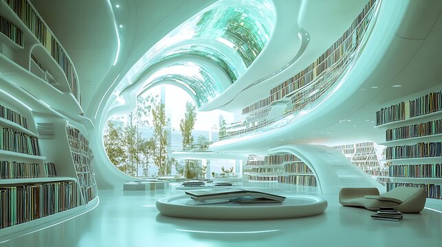 Visualization of a futuristic library with holographic books and advanced learning systems