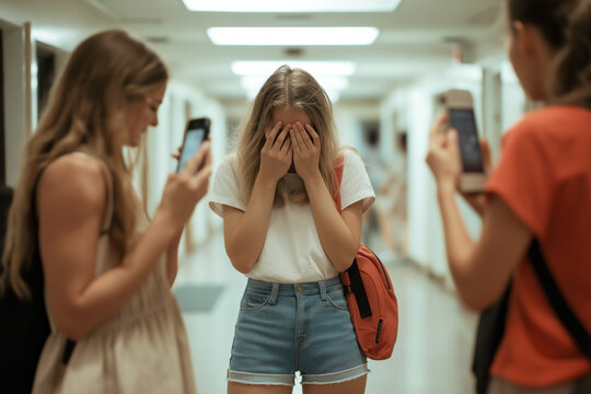Teenage girl being bullied in a school hallway with peers recording the incident on their phones