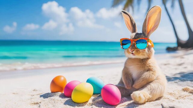 A cute Easter bunny enjoying a sunny beach day while wearing sunglasses and surrounded by colorful eggs, creating a festive atmosphere