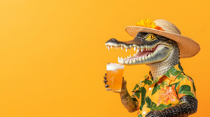Alligator in Hawaiian shirt and straw hat enjoys a beer against a vibrant orange background; perfect for summer vacation promotions