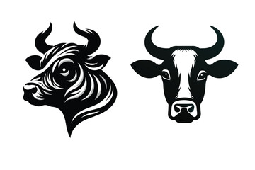 Stylized Bull and Cow Head Vector Illustration Black and White Animal Logos