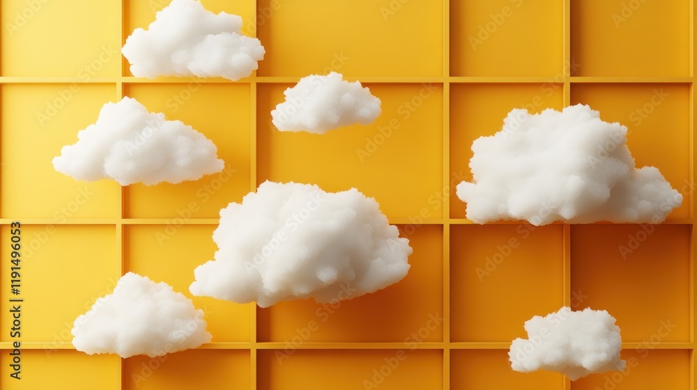 Poster fluffy clouds float on yellow grid background