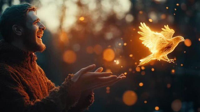 Man releasing magical glowing fire bird spreading warm magical particles, man smiling face illuminated by mystical light. Concept of letting go and new beginnings