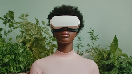 Modern VR Gardening Young Black Woman Exploring Virtual Urban Greenery
