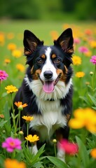 Border Collie surrounded by vibrant wildflowers in a lush green meadow, grass, nature