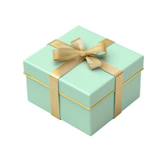 Obraz premium 3D illustration of a square gift box with a gold ribbon and pale green base. The luxurious and elegant design makes it perfect for upscale occasions. Isolated on transparent background, png.