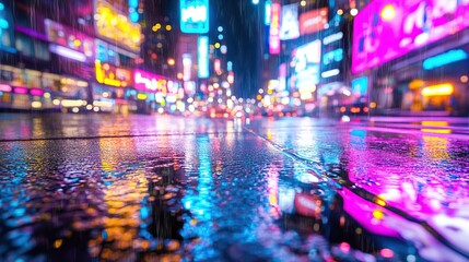 Fototapeta premium Bright city street at night with neon lights reflected on wet asphalt. Colorful and futuristic city nightlife landscape, dynamic and modern cityscape