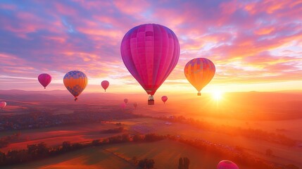 Obraz premium Colorful hot air balloons soar in the sky during a hot air balloon festival at sunset. Dreamy spring and summer landscape