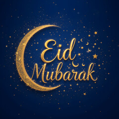 Golden Eid Mubarak Crescent Moon Night Stars Festive Design Greeting Card Art Blue Islam Shiny Image
