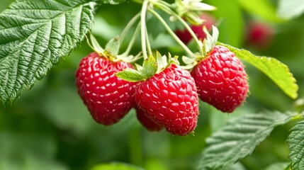 Fresh, ripe raspberries hang from green leaves, showcasing their vibrant red color, This image is ideal for food blogs, recipe books, or health-related content focusing on fresh produce and nutrition