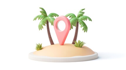 Obraz premium 3D location pin icon on a sandy island with two palm trees. 
