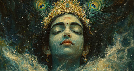 A serene & joyful Lord Krishna emerges gracefully from the cosmic river, surrounded by a soft ethereal glow. Concept of peace & harmony, symbolizing the infinite flow of universe's spiritual energy. 