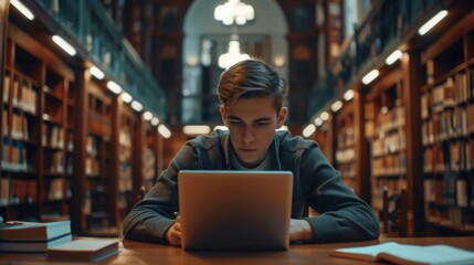A young man is sitting at a desk in a library, using a laptop