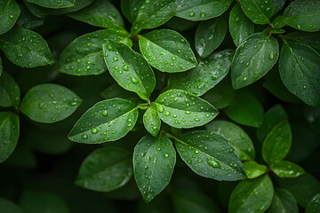 Top view of green leaves covered with dew drops. Background with green grass texture