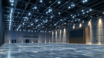Large, empty hall with bright lights and dark walls.