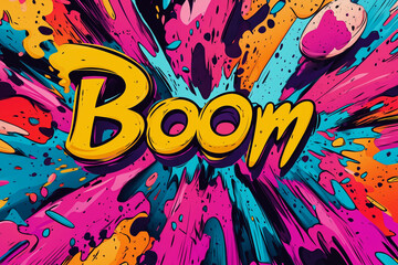 Fototapeta premium colorful explosion with the word BOOM written in yellow. The image has a vibrant and energetic feel, with the word BOOM standing out against the colorful background