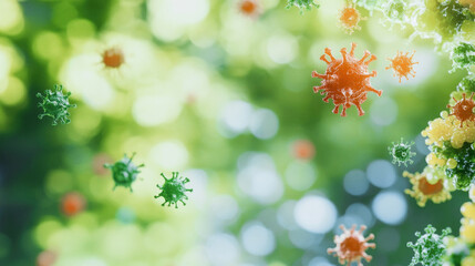 Colorful virus cells on blurred natural green background. Spread of viral diseases in the environment