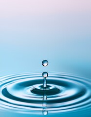 Generated image Single water droplet with ripples on a tranquil pastel water surface. Eco, beauty, wellness