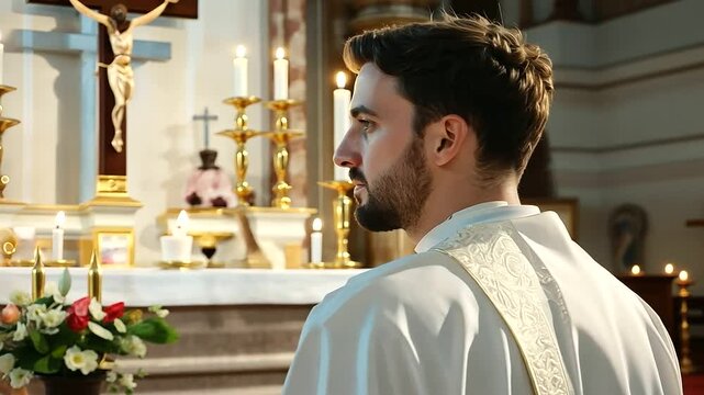Person Praying in Front of Crucifix During Religious Service