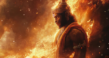Stock image of intense Lord Hanuman emerging from blazing flames, exuding power and determination. Concept of courage, strength, and divine energy.