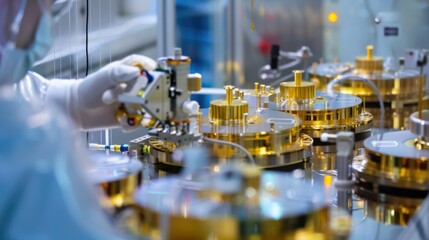 A close-up of an aerospace technician assembling satellite components in a spacecraft assembly facility, with satellite models and cleanroom suits visible, Satellite assembly scene