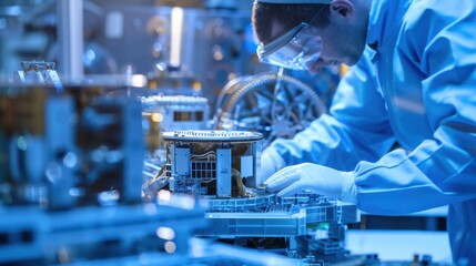 A close-up of an aerospace technician assembling satellite components in a spacecraft assembly facility, with satellite models and cleanroom suits visible, Satellite assembly scene