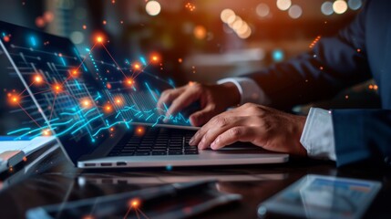 Businessman using laptop and tablet with global network connection, data exchange, digital technology, data science, and digital marketing for global business investment.