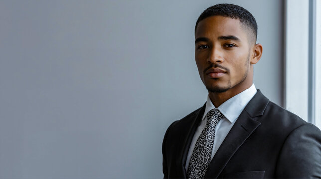 A man in a suit and tie stands in front of a window. He is wearing a tie with a pattern of black and white stripes
