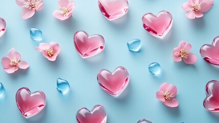 Obraz premium Pink Glass Hearts and Flowers Pattern on Blue Background