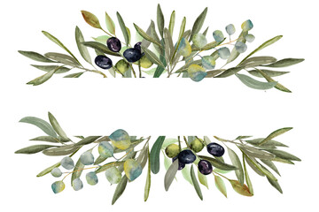 Frame Olive branch with green and black olive berries watercolor illustration.Watercolor frame of olive branches. Hand drawn botanical illustration for design.