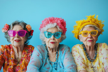 Three women in colorful clothing and sunglasses pose for a photo. Scene is lighthearted and fun, as the women are dressed up and wearing sunglasses