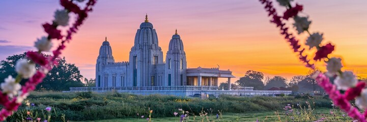 Naklejka premium Serene temple sunrise, floral garland framing.