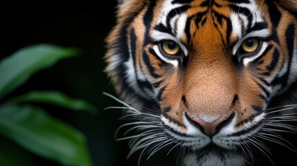 Fototapeta premium A stunning close-up of a majestic tiger showcasing its striking eyes and detailed fur, ideal for wildlife conservation campaigns, educational materials, or nature-themed projects,