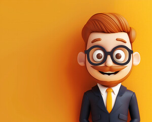 Cartoon Businessman Character Illustration with Glasses and Orange Background for Professional and Creative Use