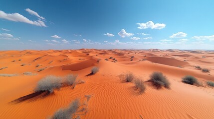 Fototapeta premium Vast orange desert landscape under a clear blue sky with scattered clouds and sparse desert vegetation.
