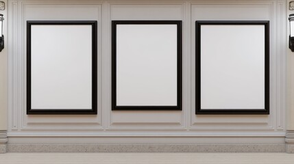 Gallery wall mockup, three blank frames, interior, elegant design, website